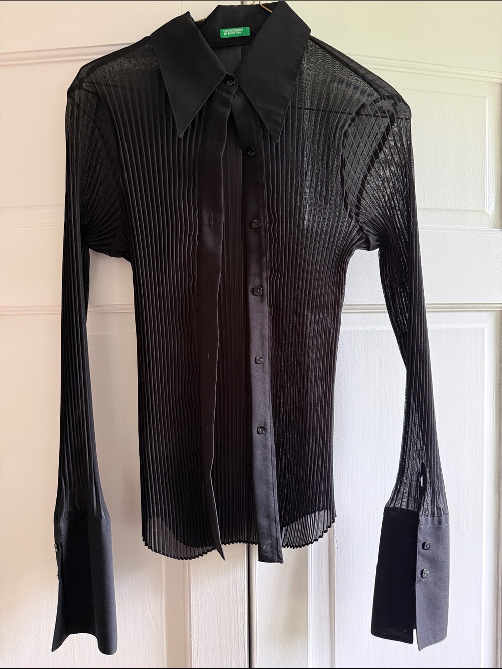 Benetton Black Sheer Pleated Button-Up Top